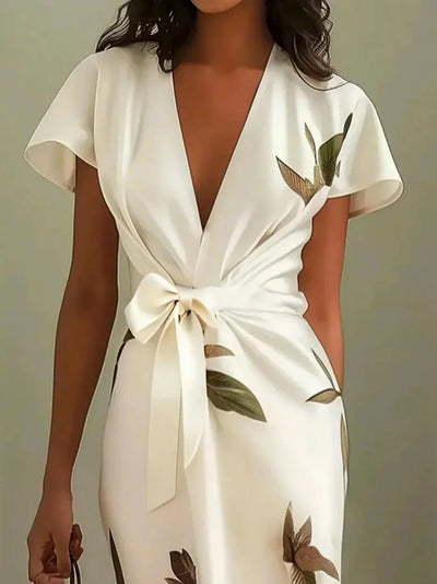 Daisy  White Leaf Short Sleeve Satin Wrap Sheath Midi Dress