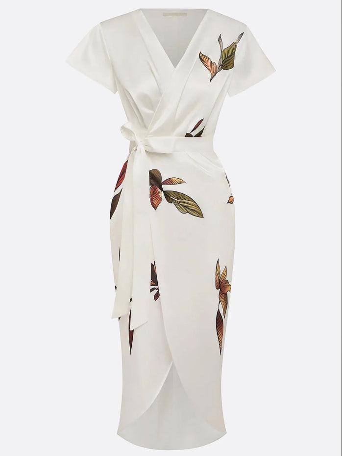 Daisy  White Leaf Short Sleeve Satin Wrap Sheath Midi Dress