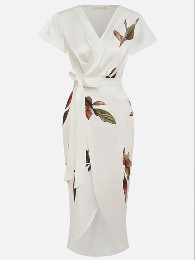 Daisy  White Leaf Short Sleeve Satin Wrap Sheath Midi Dress