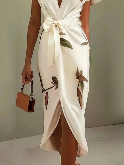 Daisy  White Leaf Short Sleeve Satin Wrap Sheath Midi Dress