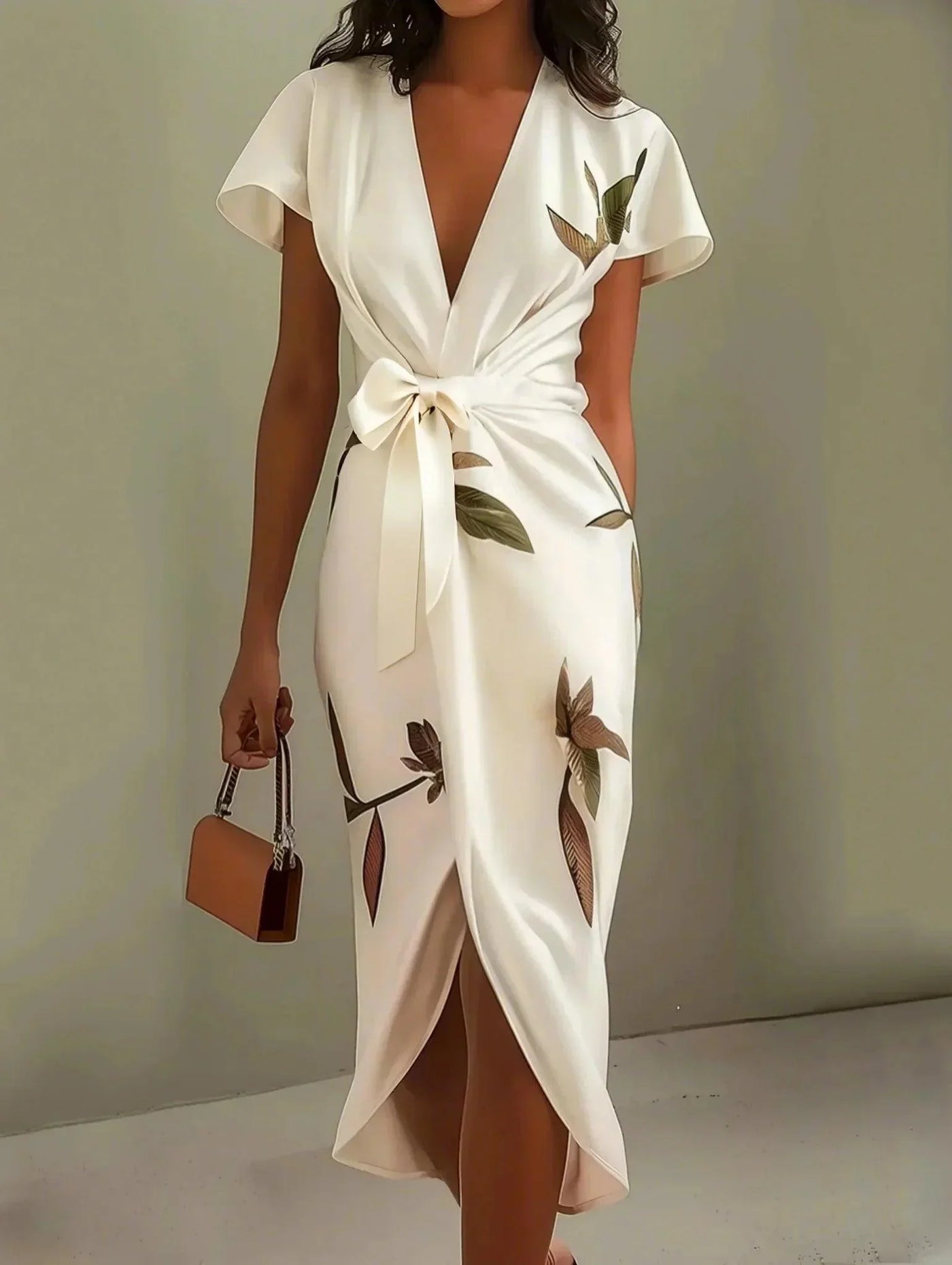 Daisy  White Leaf Short Sleeve Satin Wrap Sheath Midi Dress