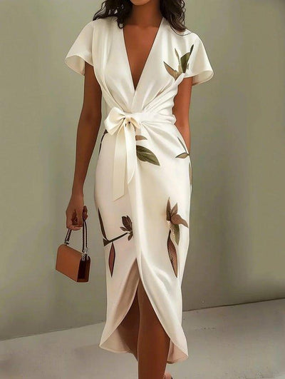 Daisy  White Leaf Short Sleeve Satin Wrap Sheath Midi Dress