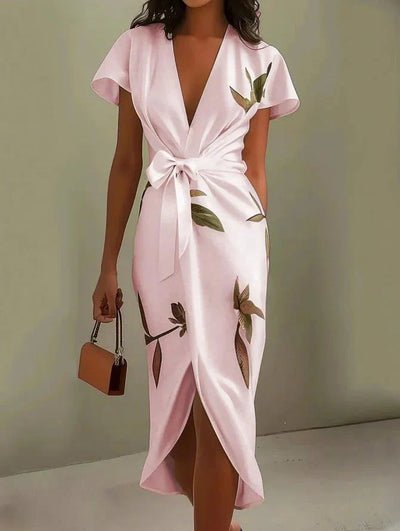 Daisy  White Leaf Short Sleeve Satin Wrap Sheath Midi Dress