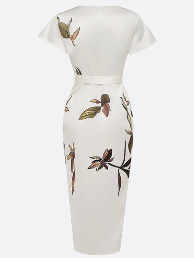 Daisy  White Leaf Short Sleeve Satin Wrap Sheath Midi Dress