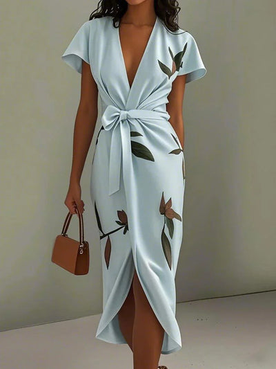 Daisy  White Leaf Short Sleeve Satin Wrap Sheath Midi Dress